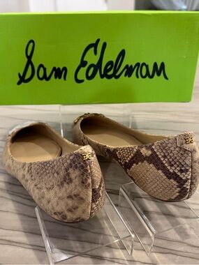 Sam Edelman Beige Snake-Print Ballet Flats with Gold Logo